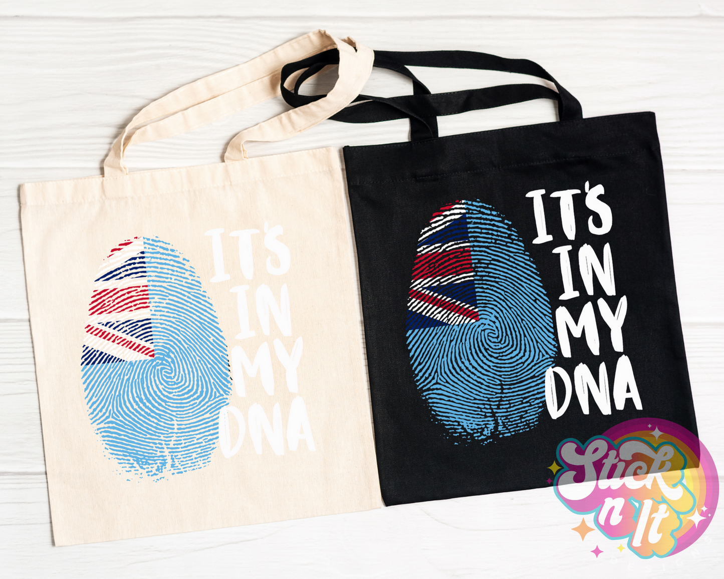 Tote bags featuring quote It's in my DNA written in white with fingerprint shaped Fiji flag