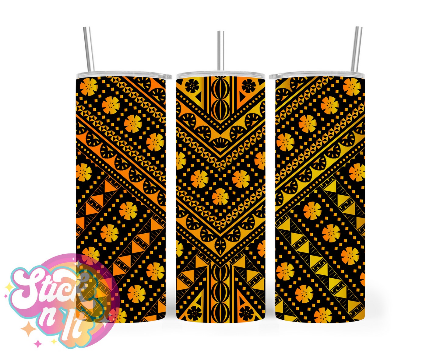 Insulated stainless steel tumbler with Pacific Islands Fiji design in orange ombre