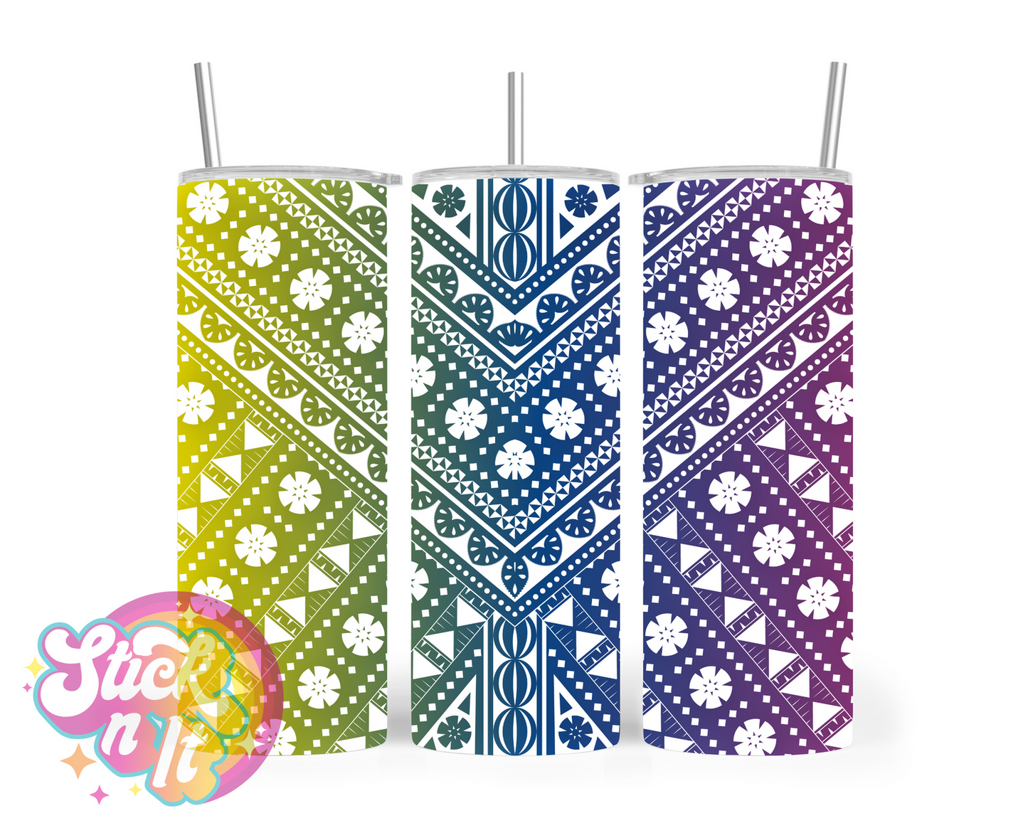 Insulated stainless steel tumbler with Pacific Islands Fiji design in ombre