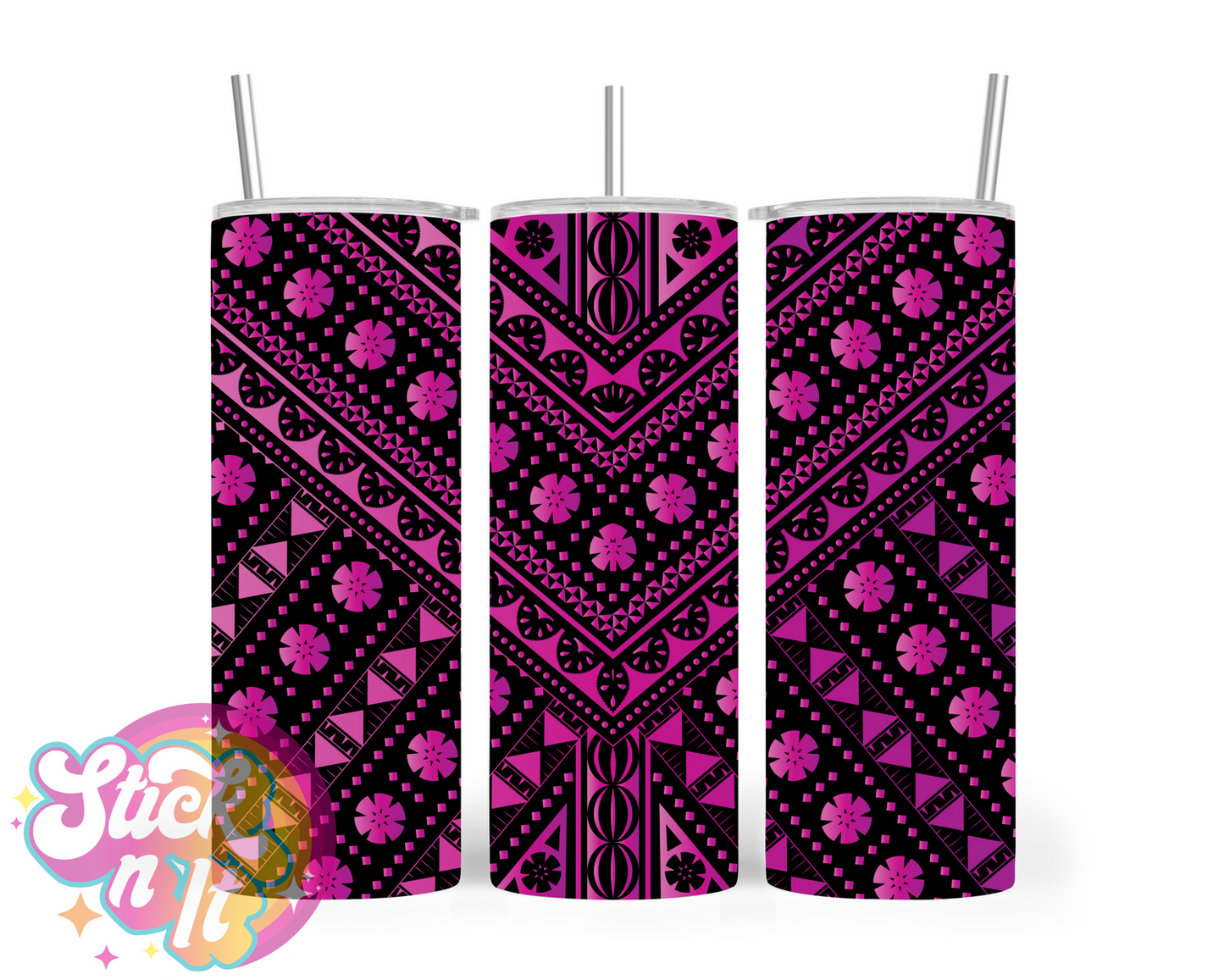 Insulated stainless steel tumbler with Pacific Islands Fiji design in purple ombre