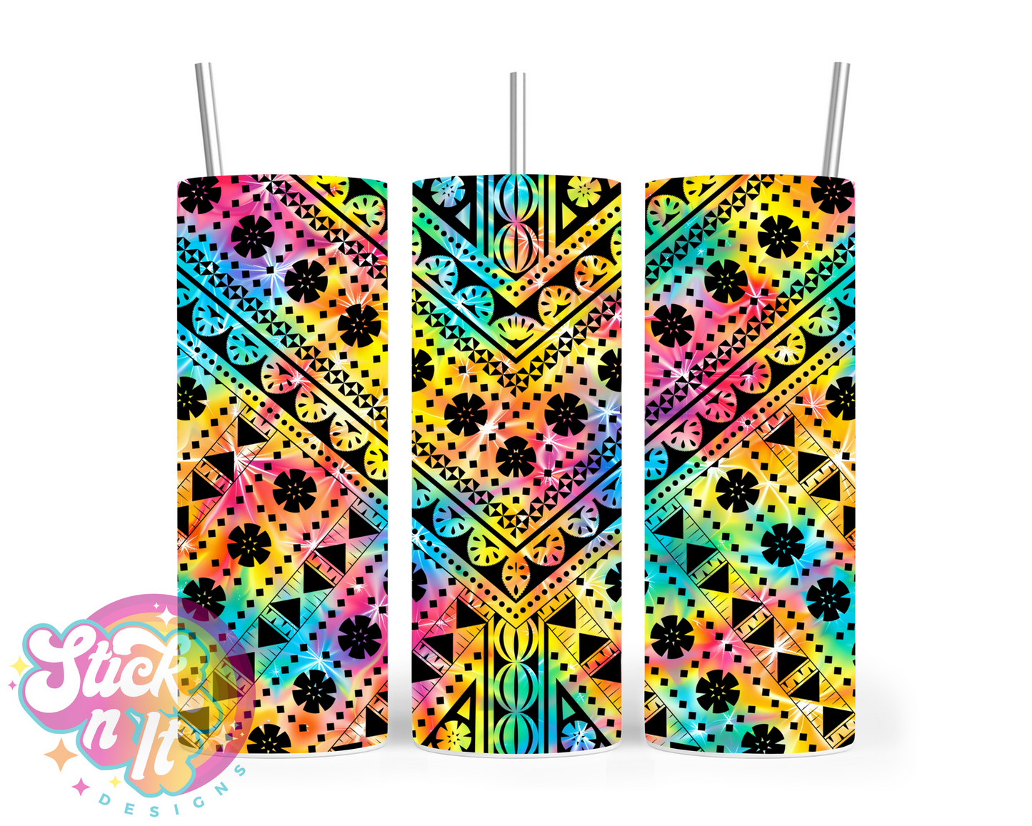 Insulated stainless steel tumbler with Pacific Islands Fiji design in tie dye