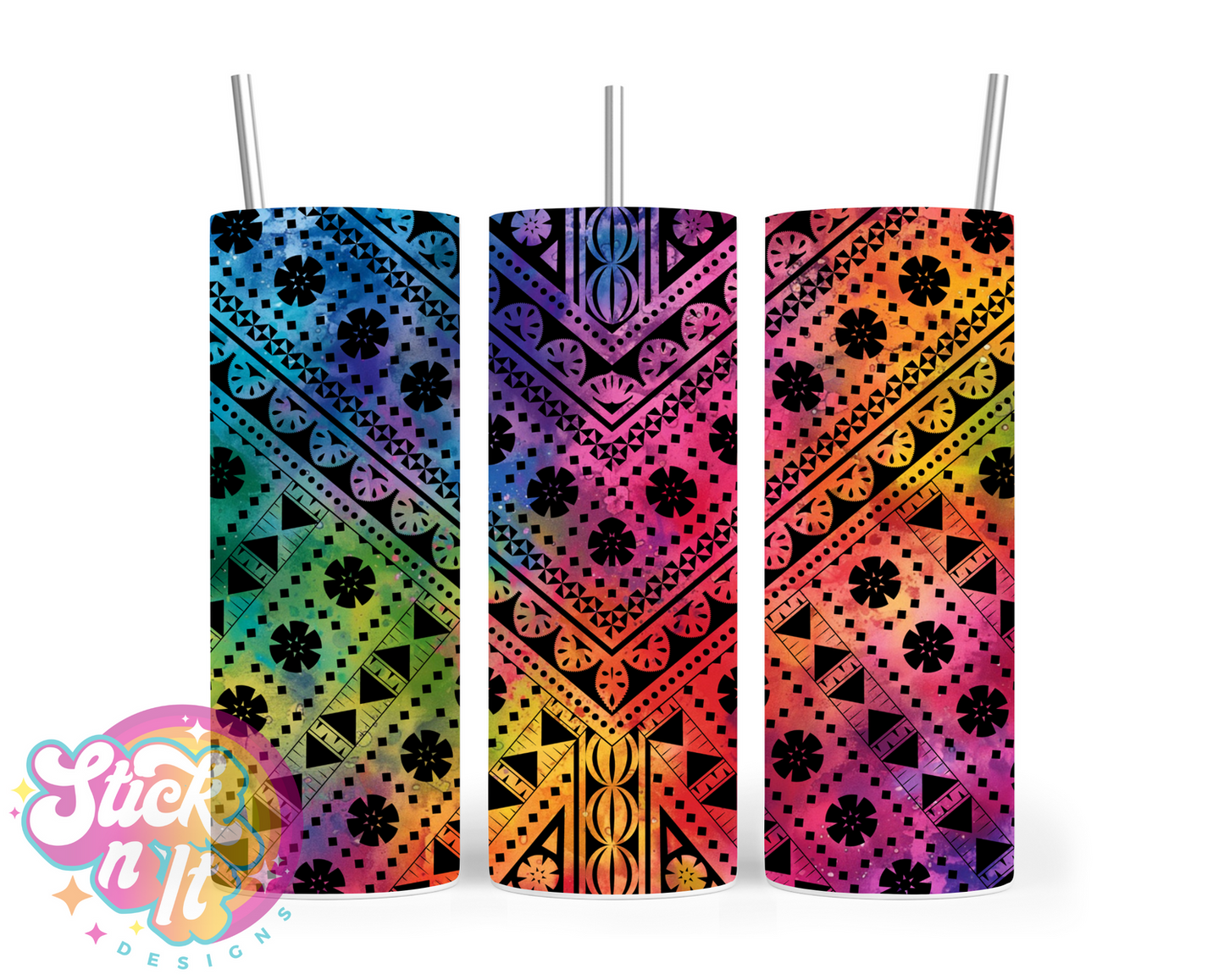 Insulated stainless steel tumbler with Pacific Islands Fiji design in watercolour
