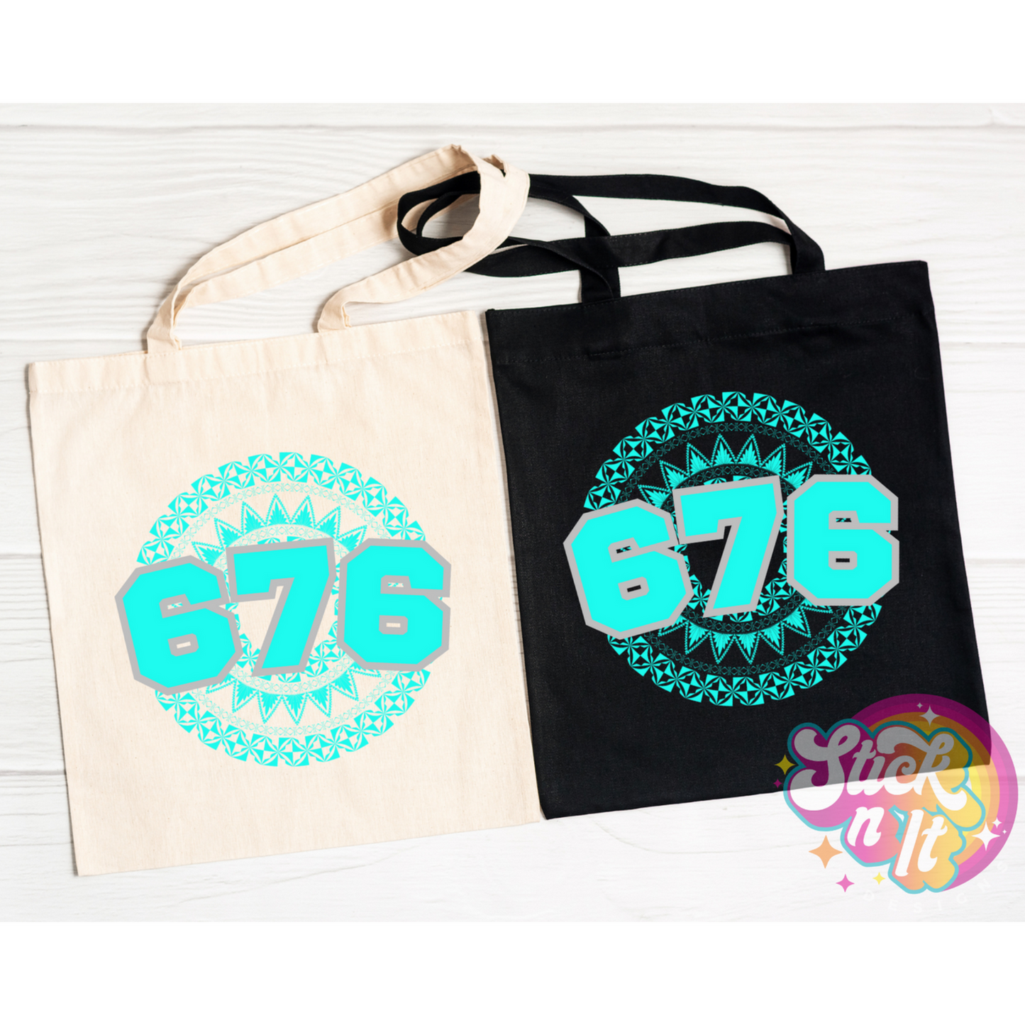 Tote bags featuring a Polynesian Tonga design with area code 676 in aqua