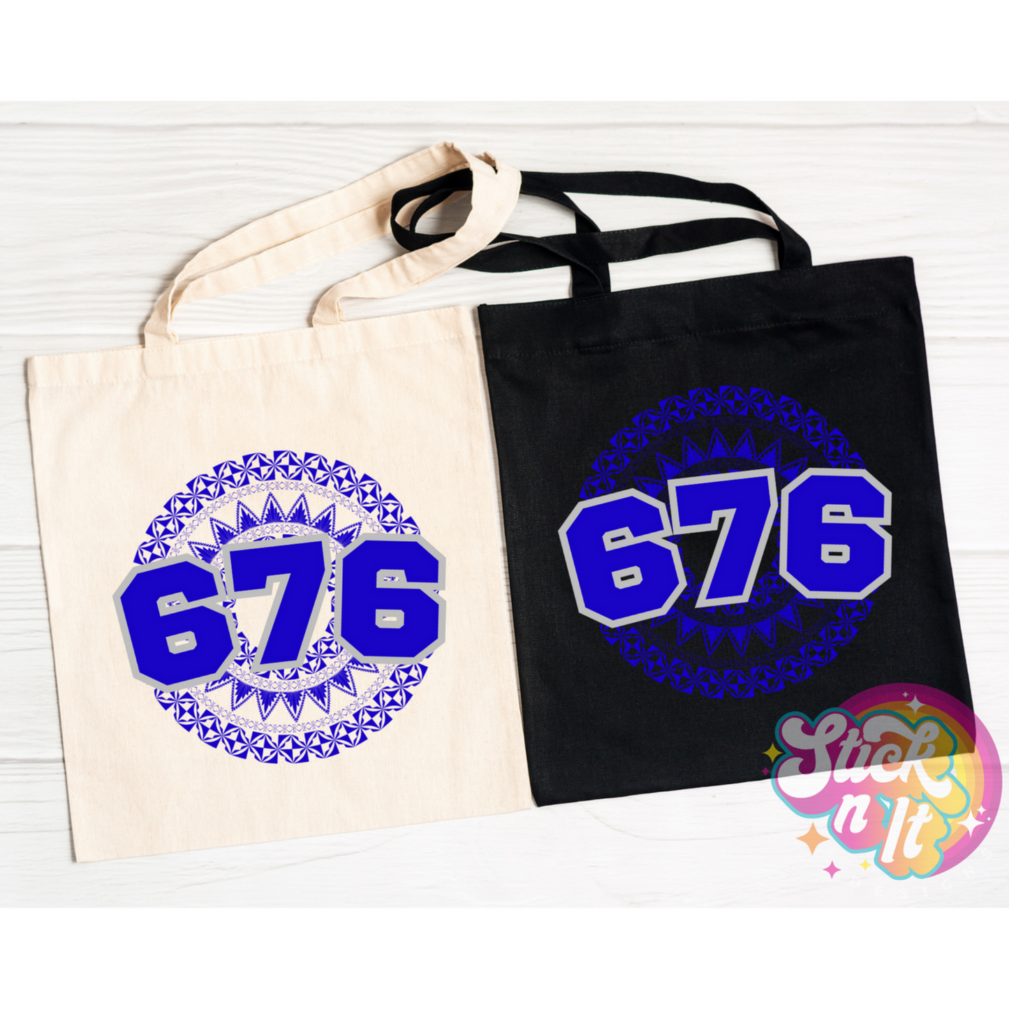 Tote bags featuring a Polynesian Tonga design with area code 676 in blue