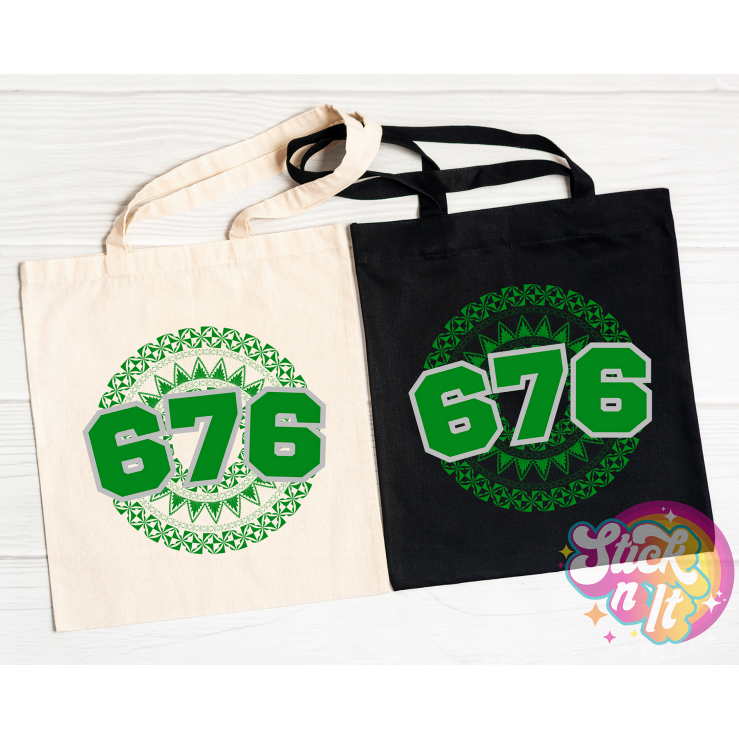 Tote bags featuring a Polynesian Tonga design with area code 676 in green