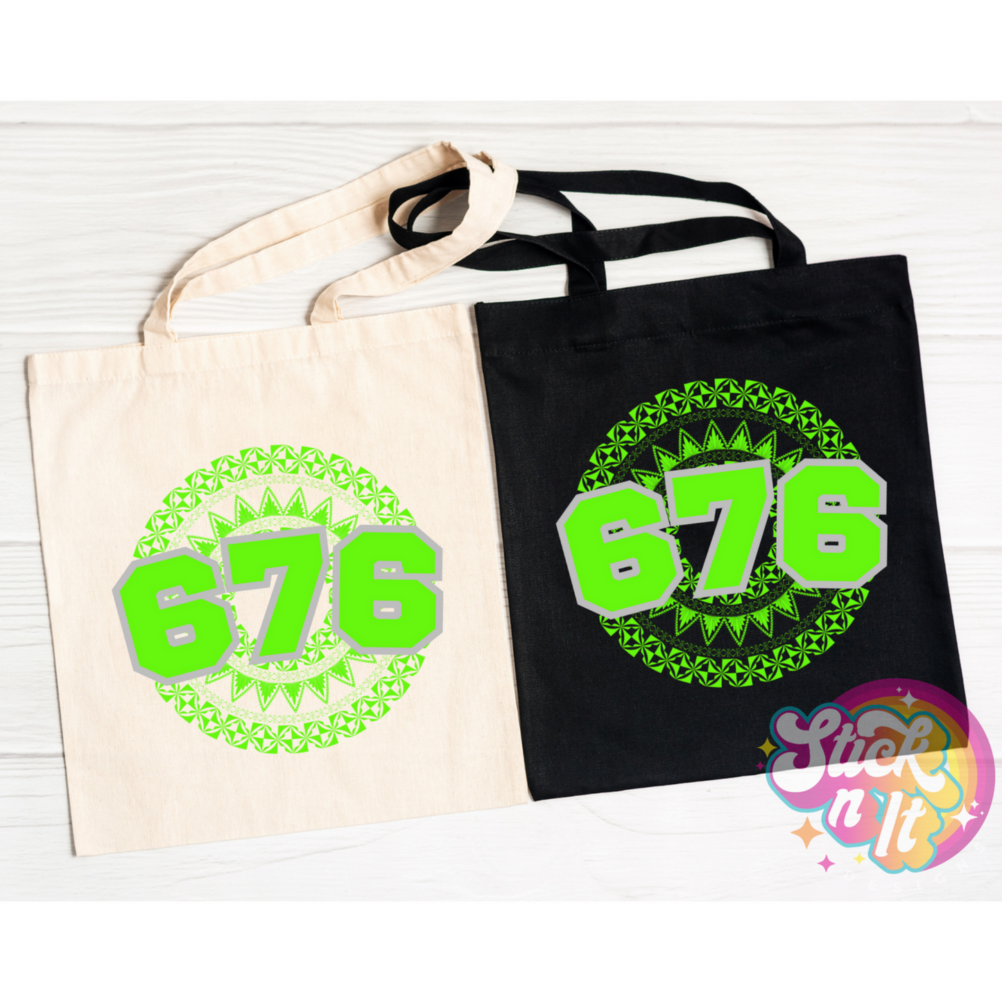 Tote bags featuring a Polynesian Tonga design with area code 676 in lime