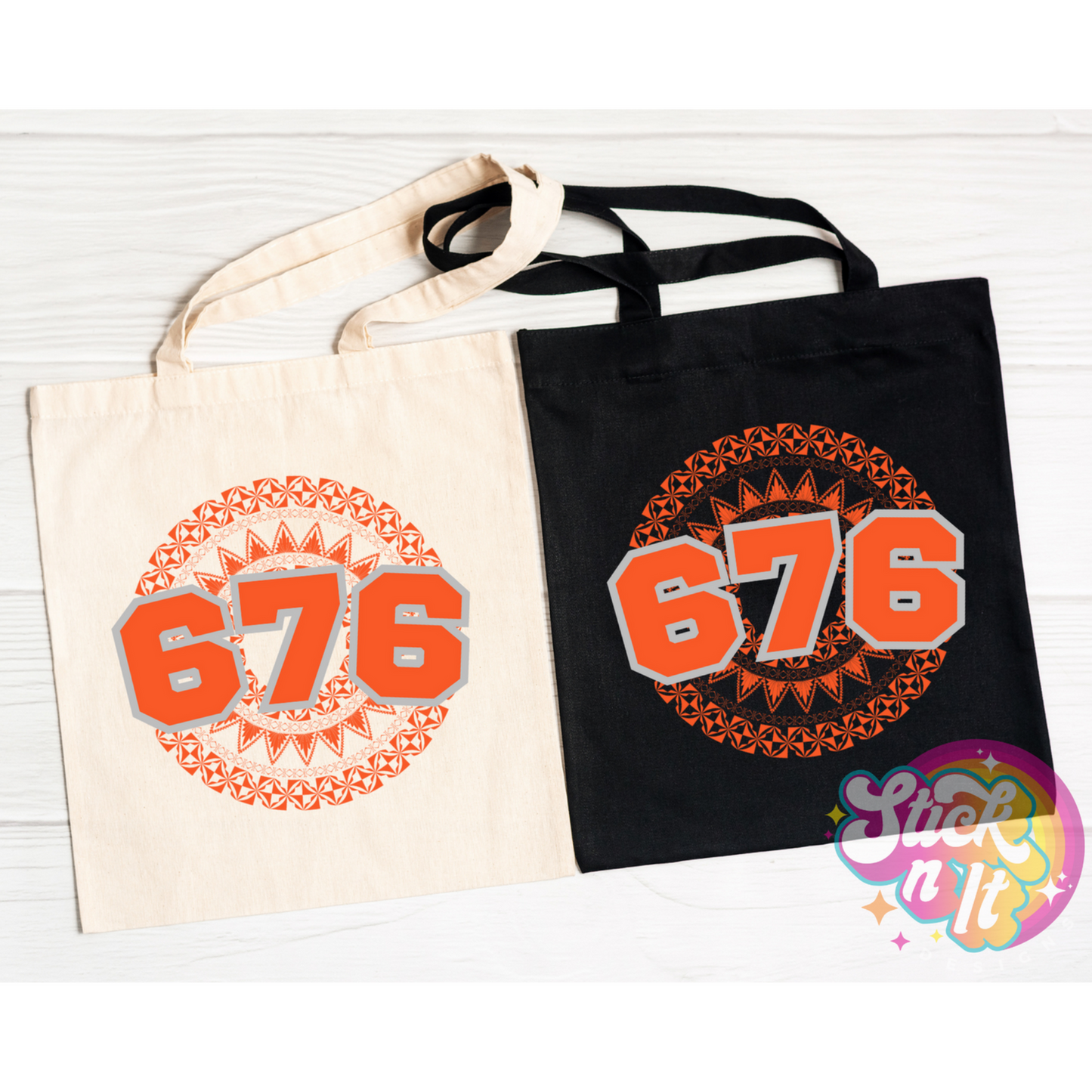 Tote bags featuring a Polynesian Tonga design with area code 676 in orange