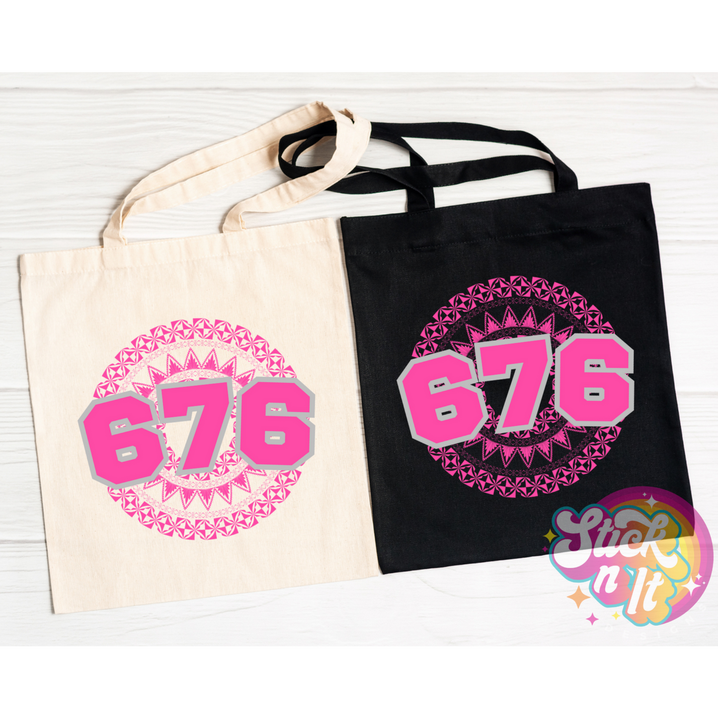 Tote bags featuring a Polynesian Tonga design with area code 676 in pink