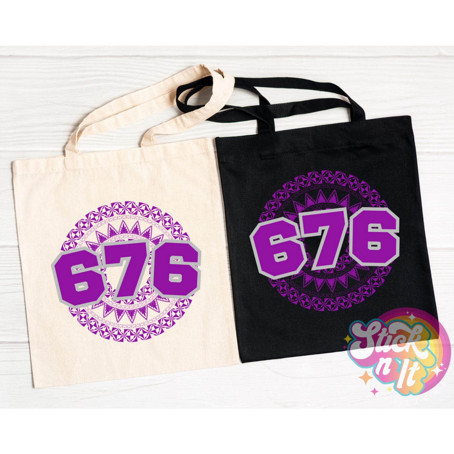 Tote bags featuring a Polynesian Tonga design with area code 676 in purple