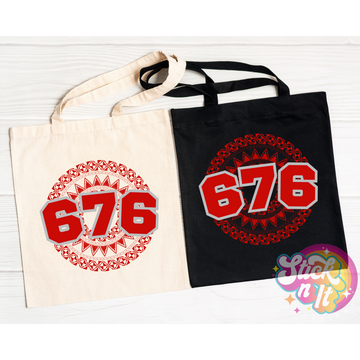Tote bags featuring a Polynesian Tonga design with area code 676 in red