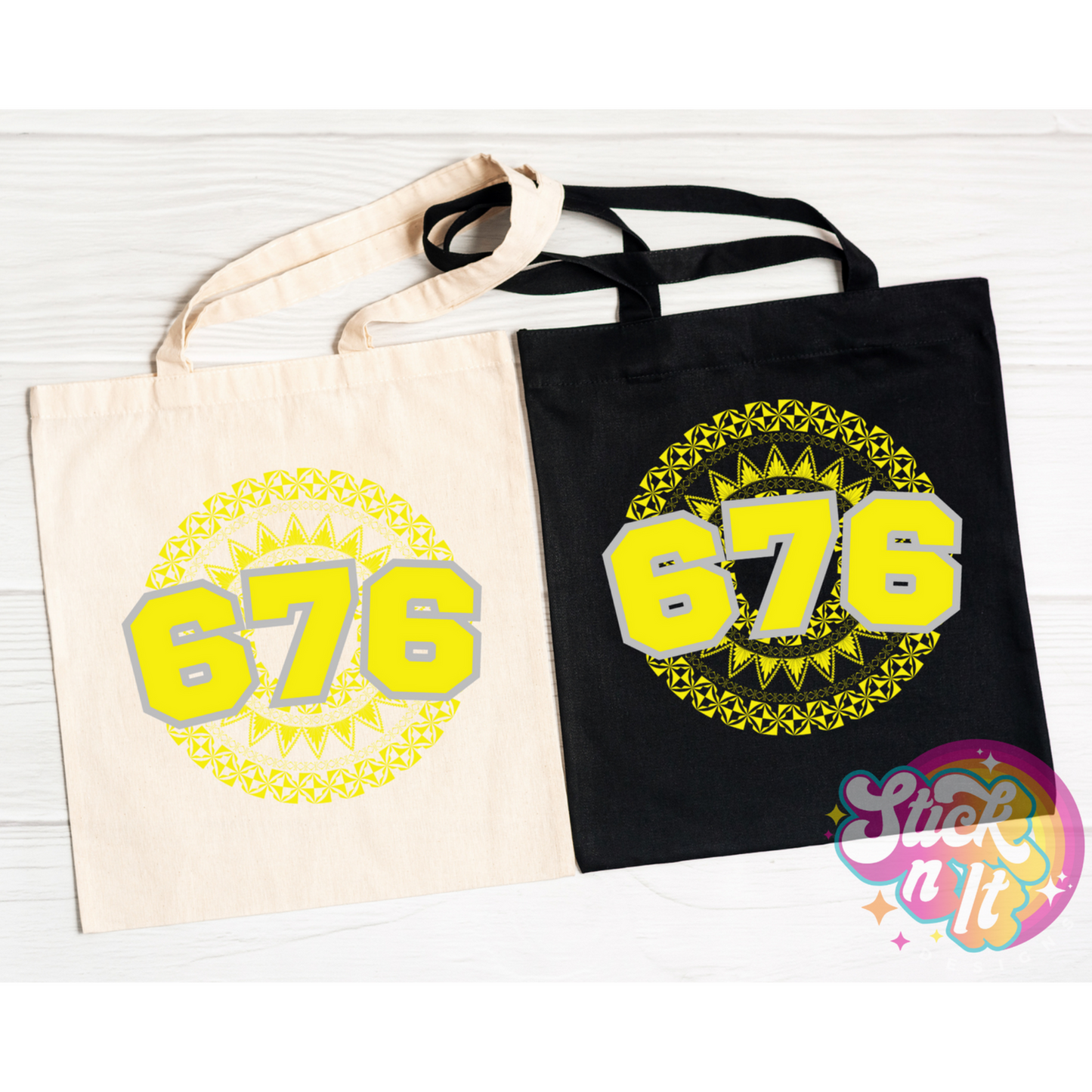 Tote bags featuring a Polynesian Tonga design with area code 676 in yellow