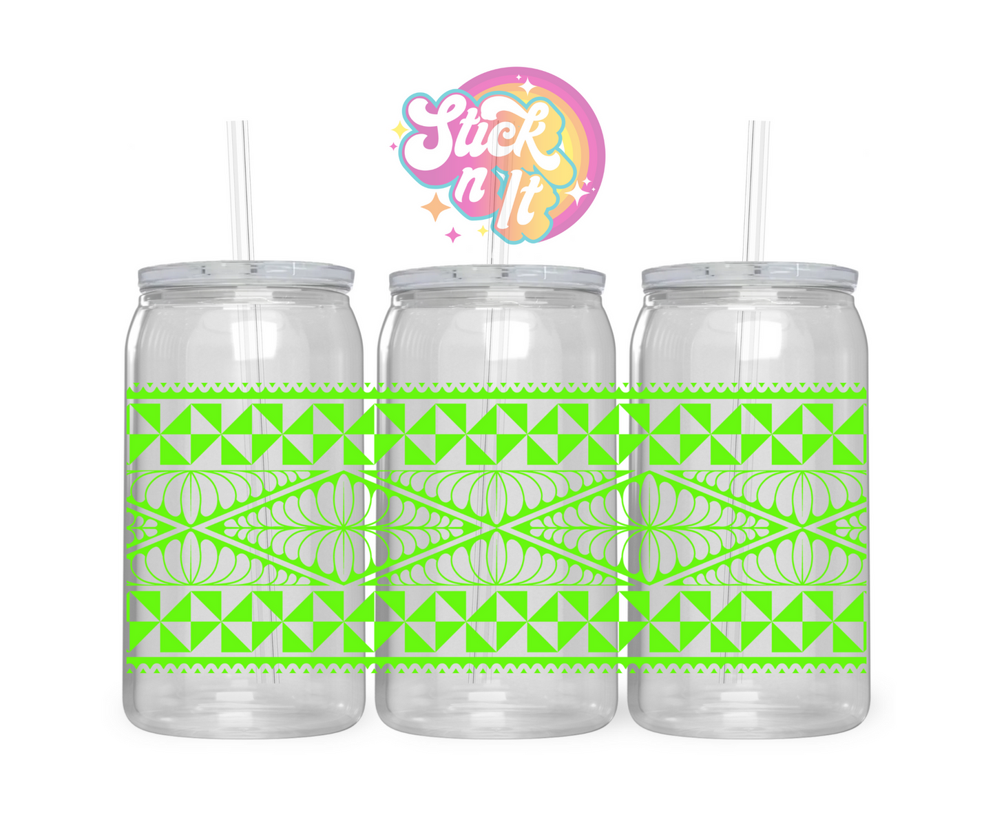 Acrylic cup featuring a Polynesian Tongan design wrap in lime