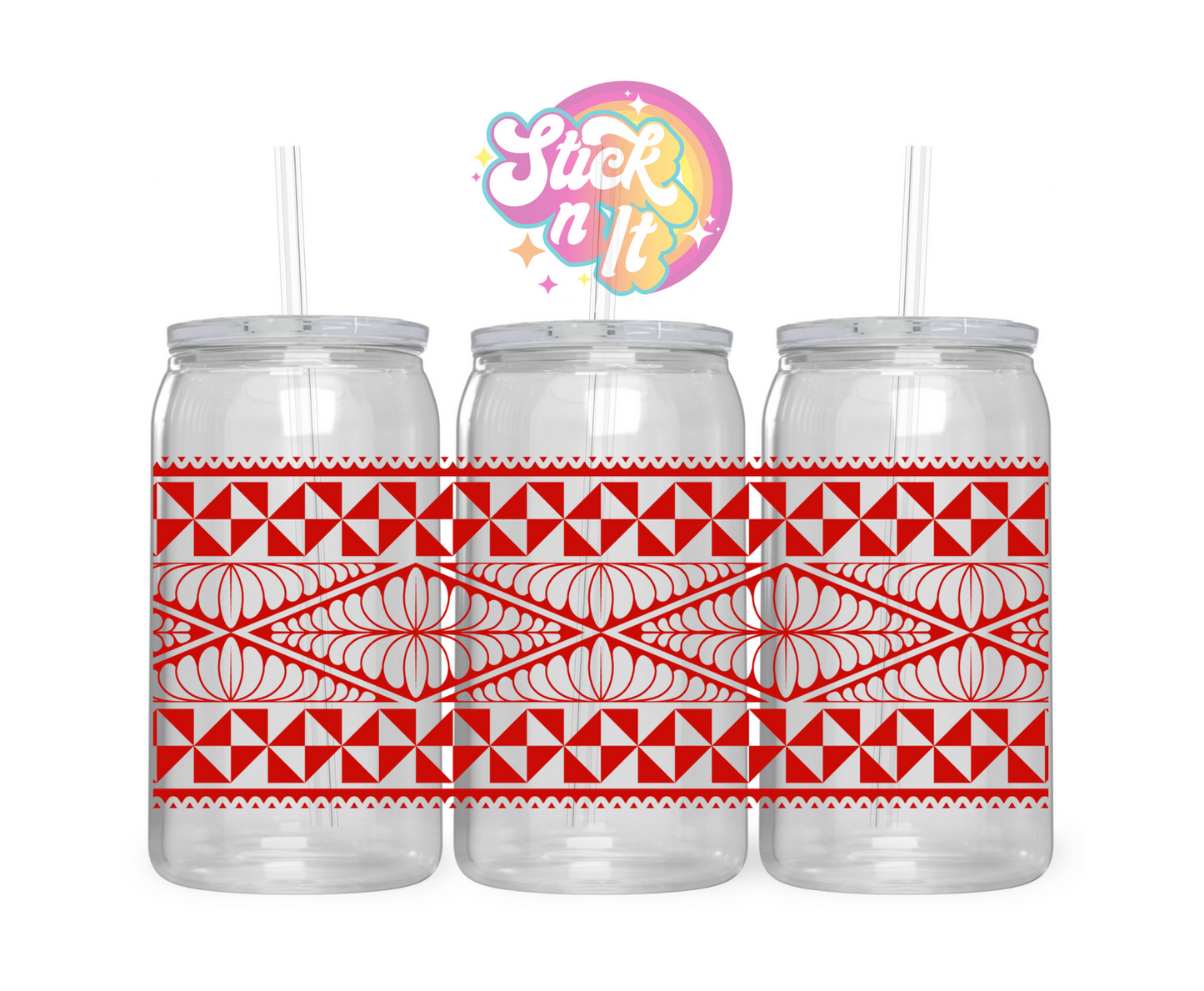 Acrylic cup featuring a Polynesian Tongan design wrap in red