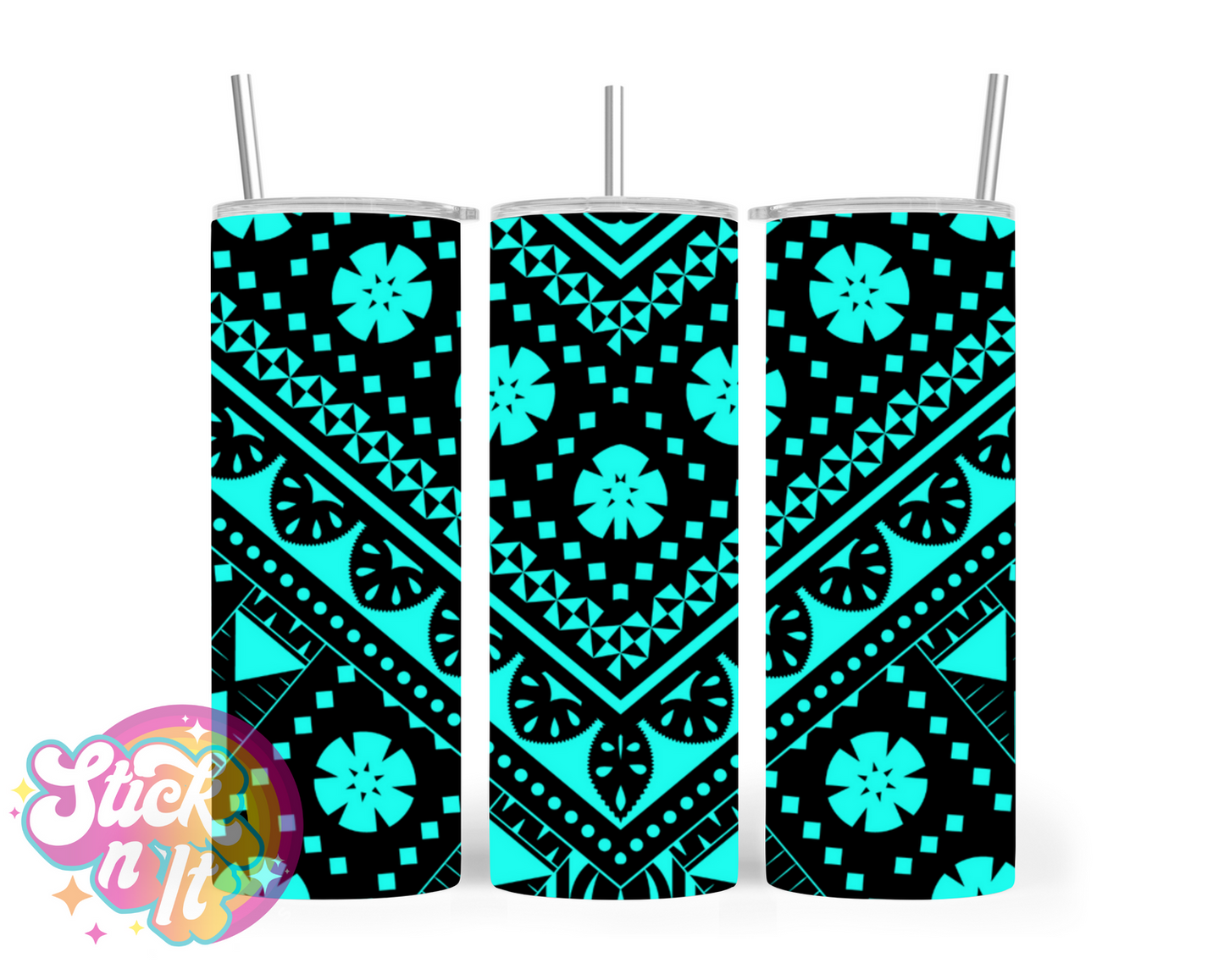 Insulated stainless steel tumbler with Pacific Islands Fiji design in aqua