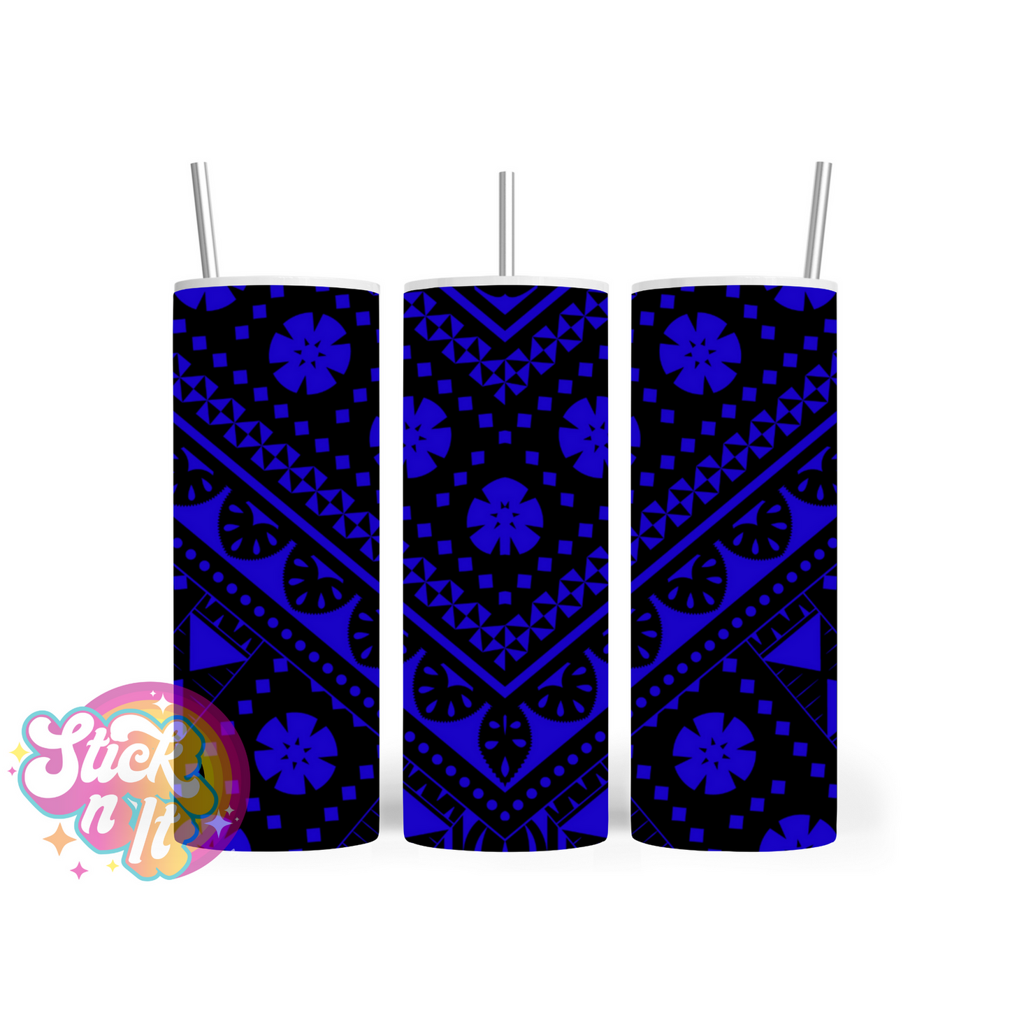 Insulated stainless steel tumbler with Pacific Islands Fiji design in blue