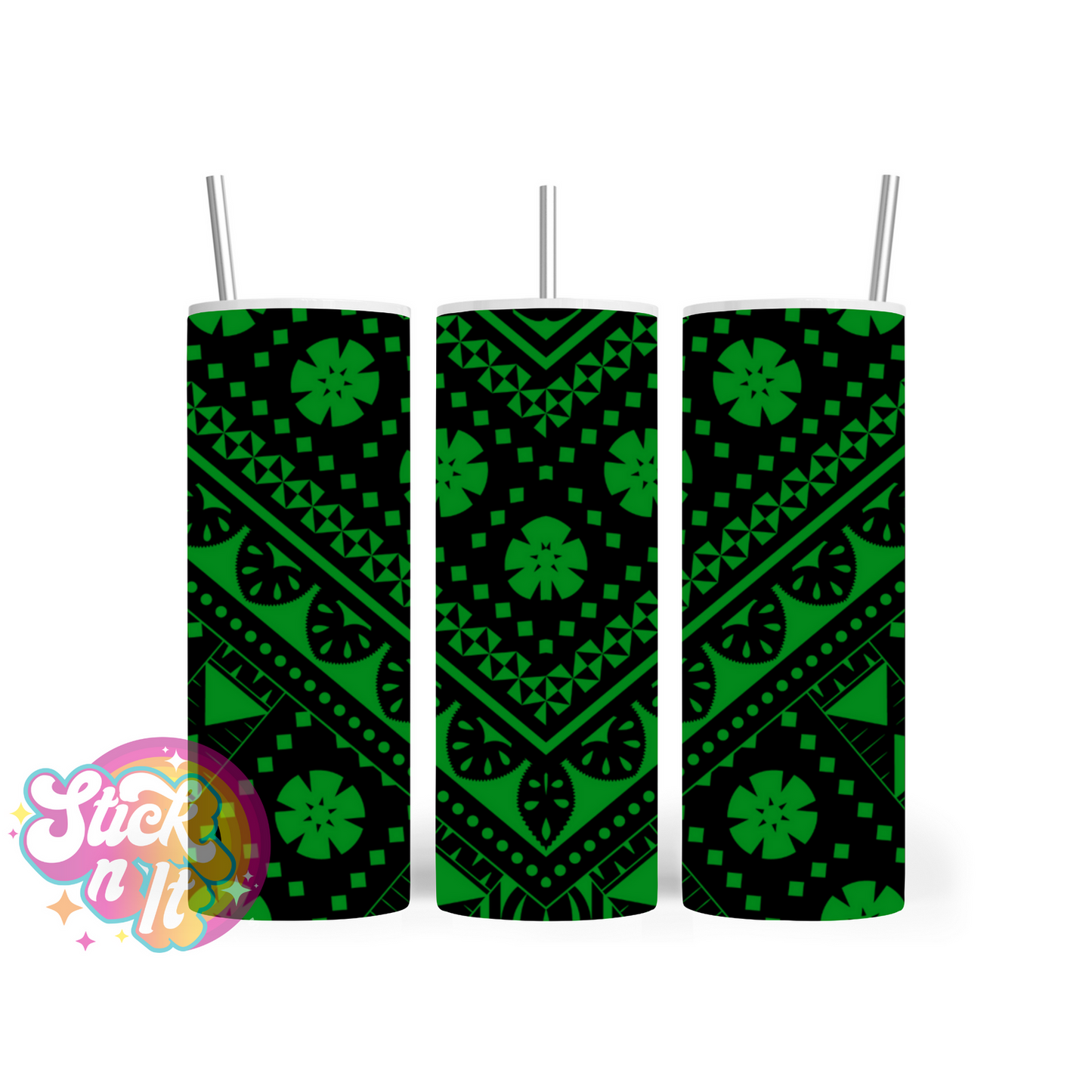 Insulated stainless steel tumbler with Pacific Islands Fiji design in green