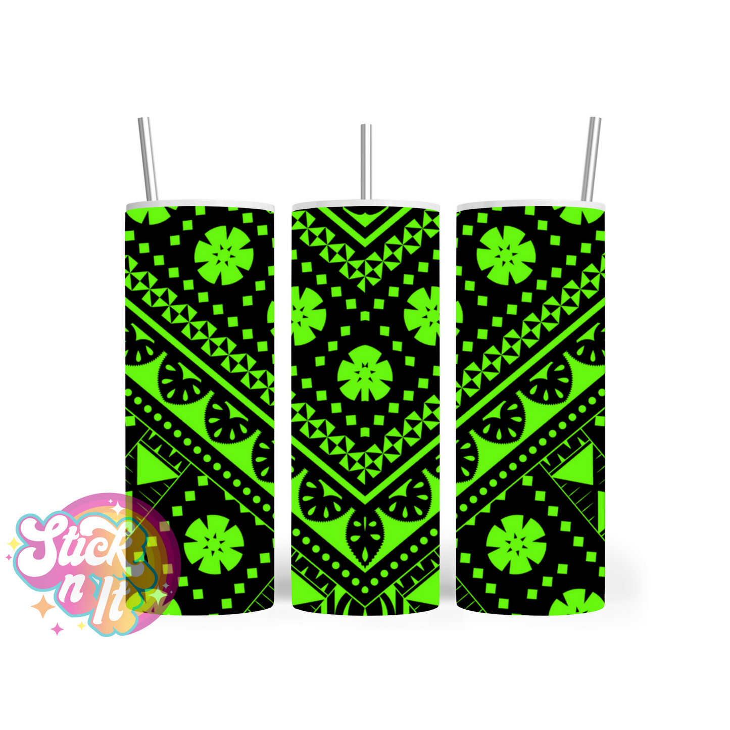 Insulated stainless steel tumbler with Pacific Islands Fiji design in lime