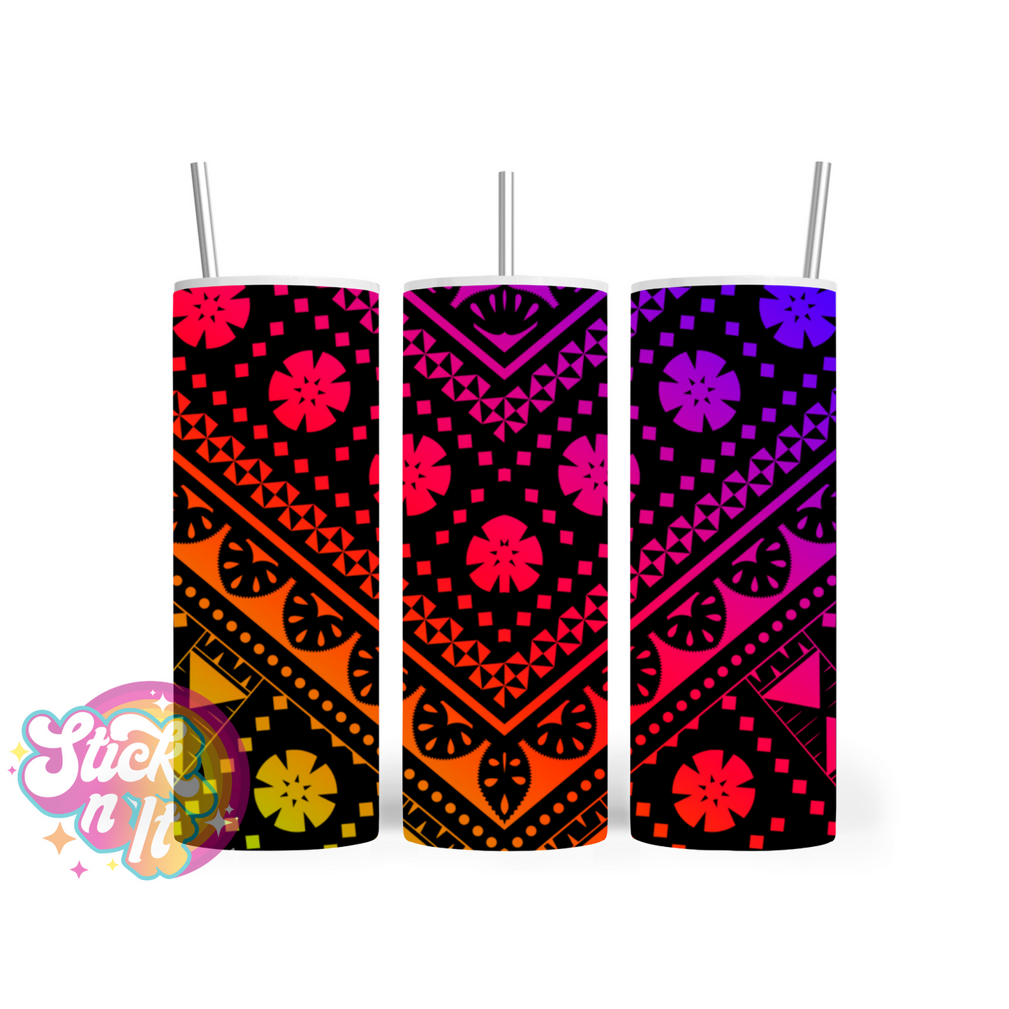 Insulated stainless steel tumbler with Pacific Islands Fiji design in neon and black