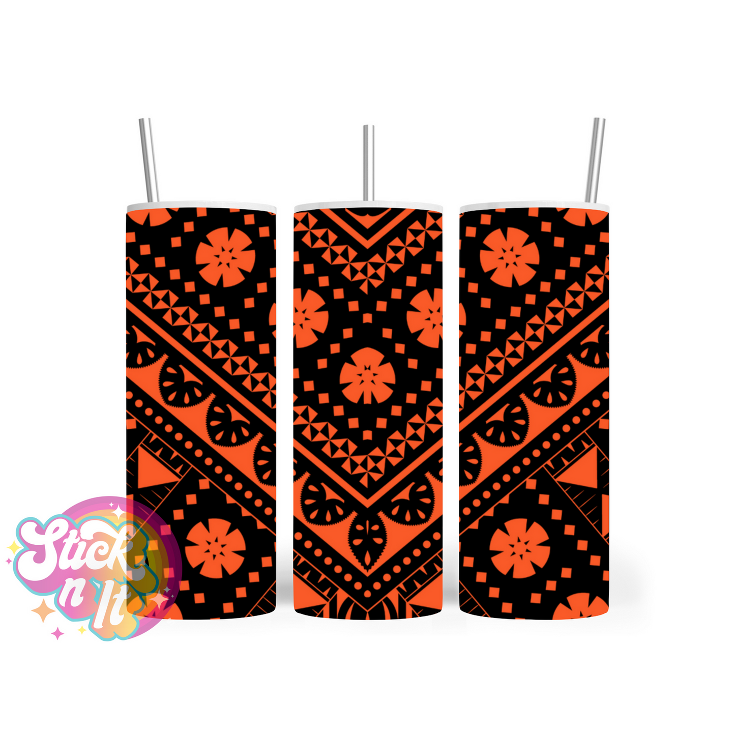 Insulated stainless steel tumbler with Pacific Islands Fiji design in orange