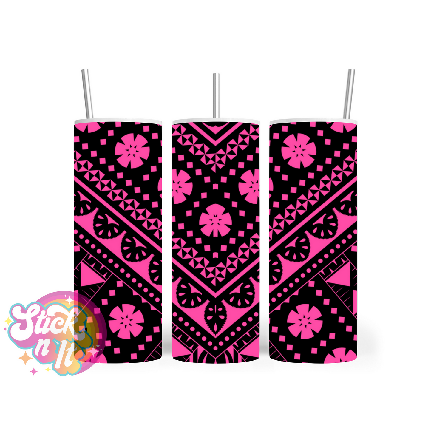 Insulated stainless steel tumbler with Pacific Islands Fiji design in pink