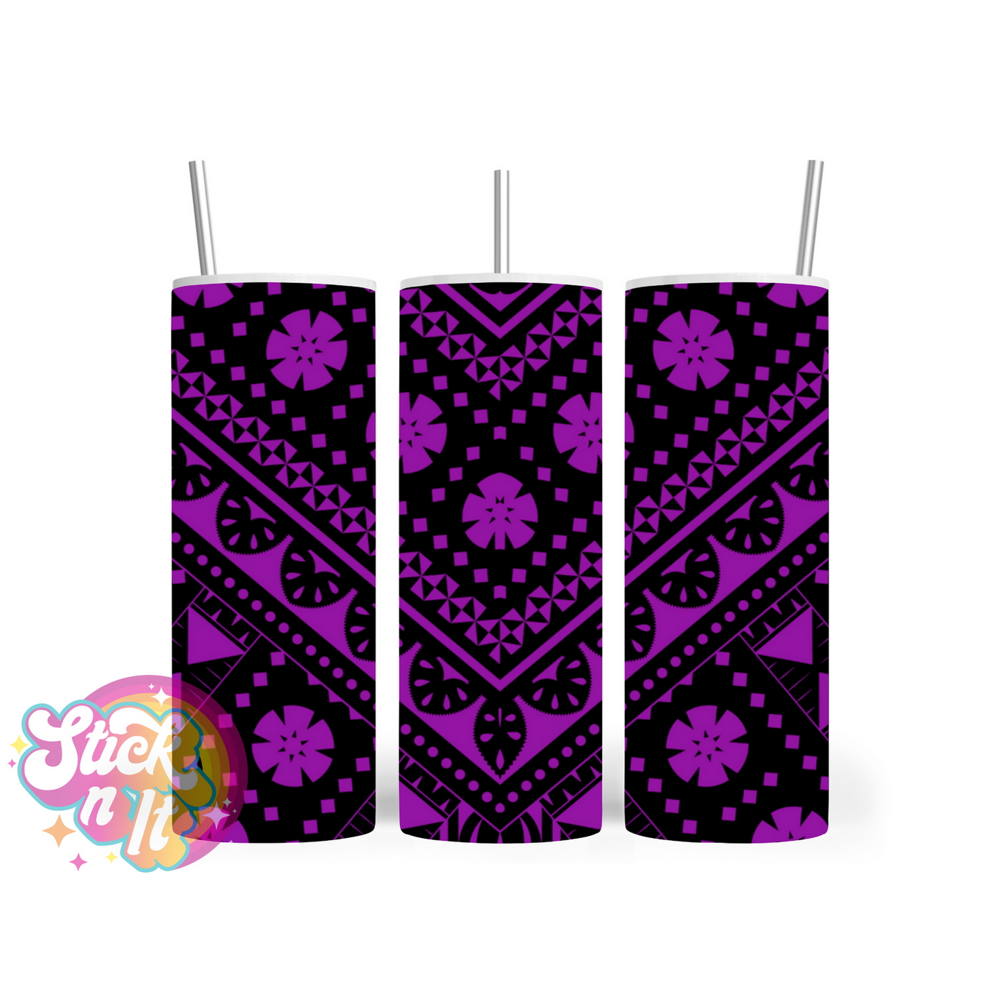 Insulated stainless steel tumbler with Pacific Islands Fiji design in purple