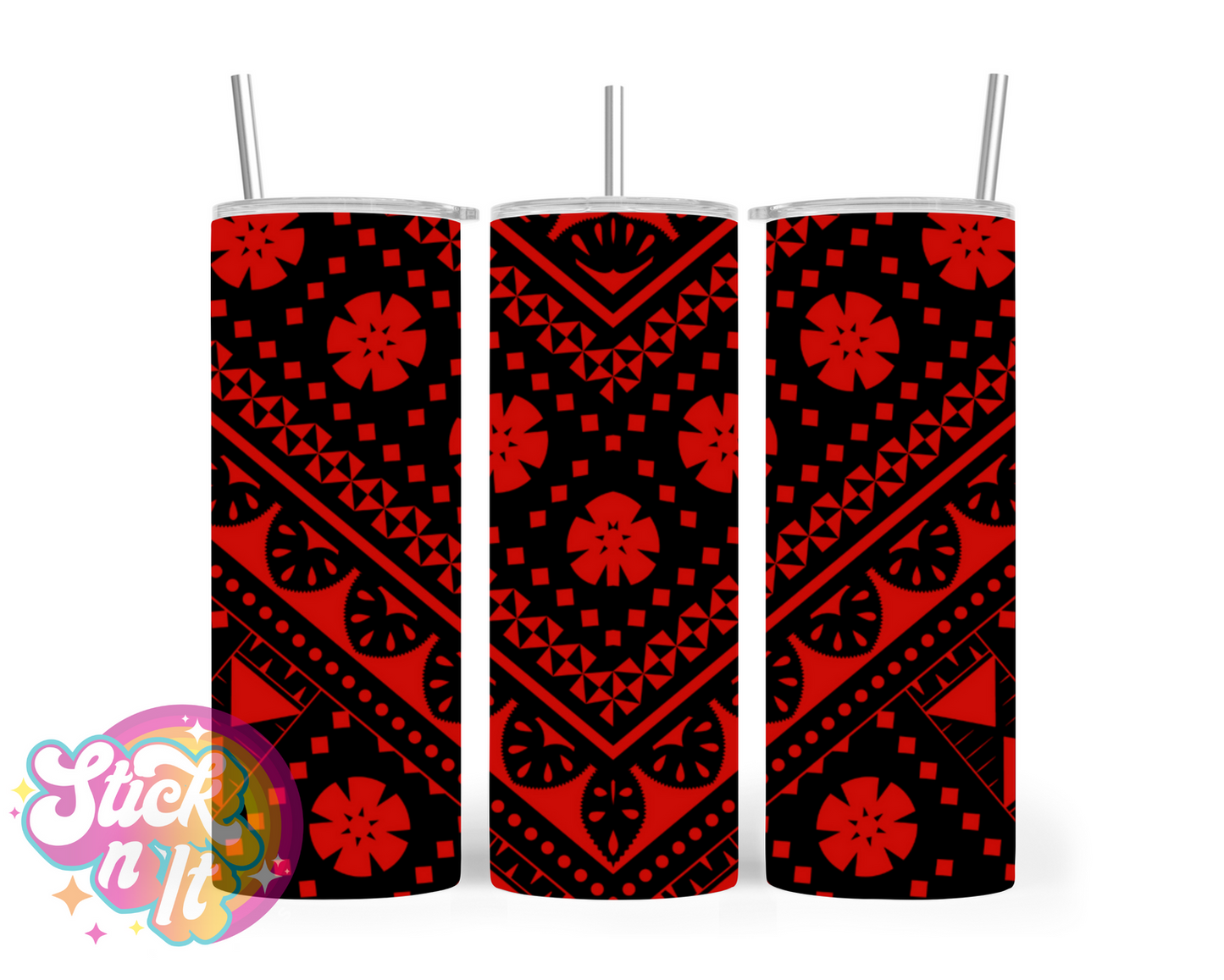 Insulated stainless steel tumbler with Pacific Islands Fiji design in red