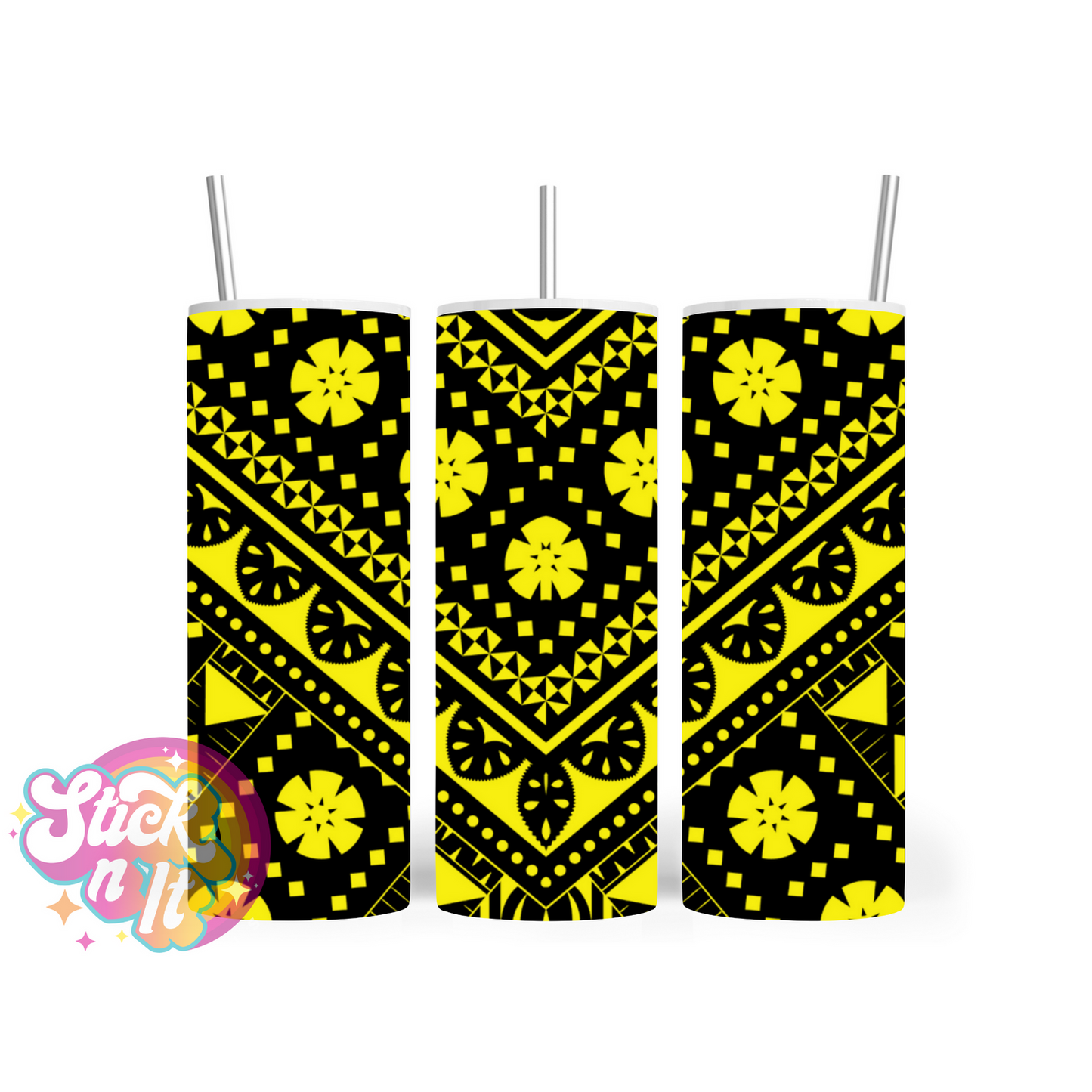 Insulated stainless steel tumbler with Pacific Islands Fiji design in yellow