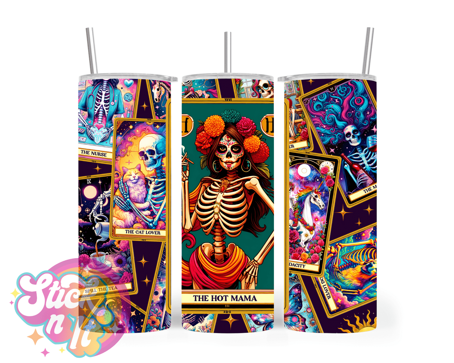 Stainless steel insulated tumbler featuring a tarot card with skeleton on it and The Hot Mama