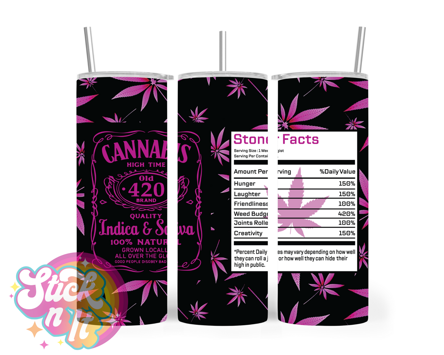 420 themed stainless steel insulated tumbler featuring cannabis nutritional panel