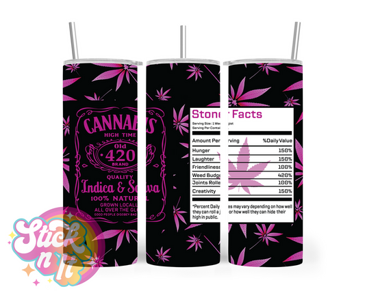 420 themed stainless steel insulated tumbler featuring cannabis nutritional panel