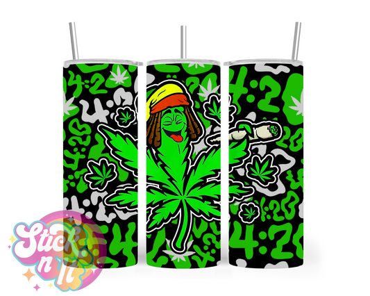 420 themed stainless steel insulated tumbler featuring rasta style cannabis leaf