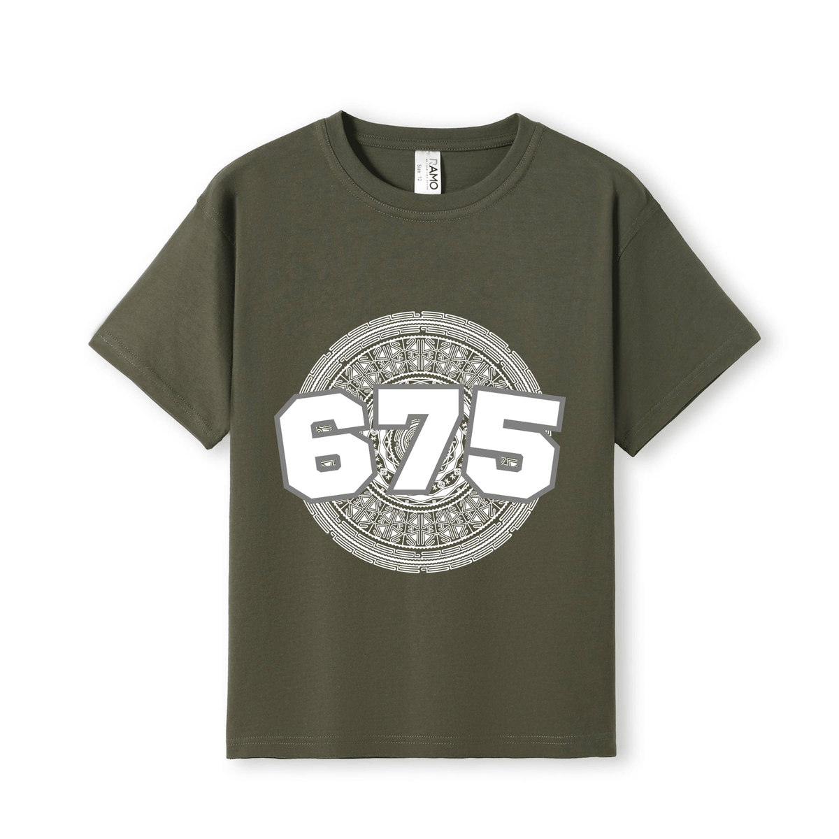 An olive green short-sleeve t-shirt with a large white and grey graphic on the front featuring the number '675'