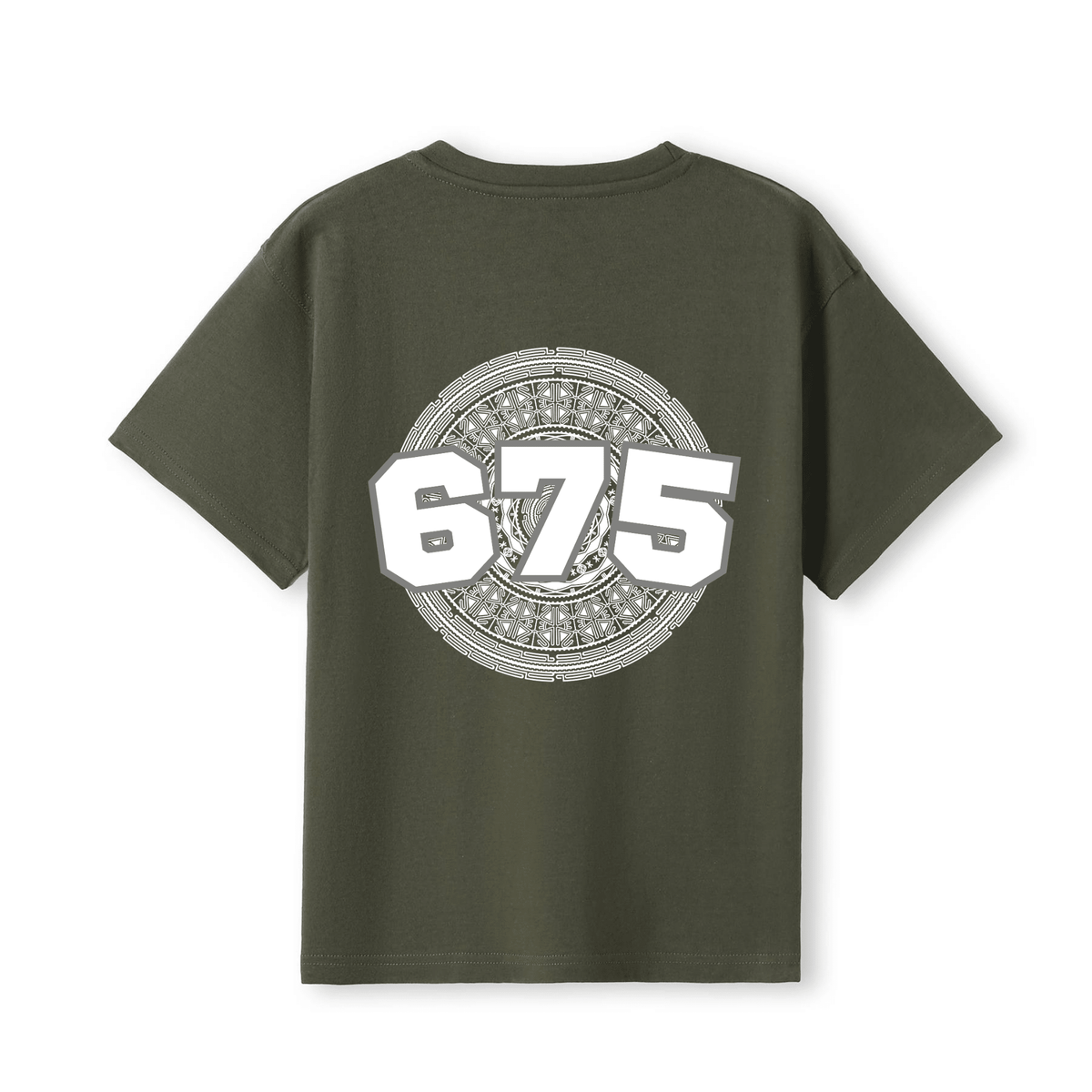 An olive green short-sleeve t-shirt shown from the back, featuring a large white and grey graphic print of the number '675'
