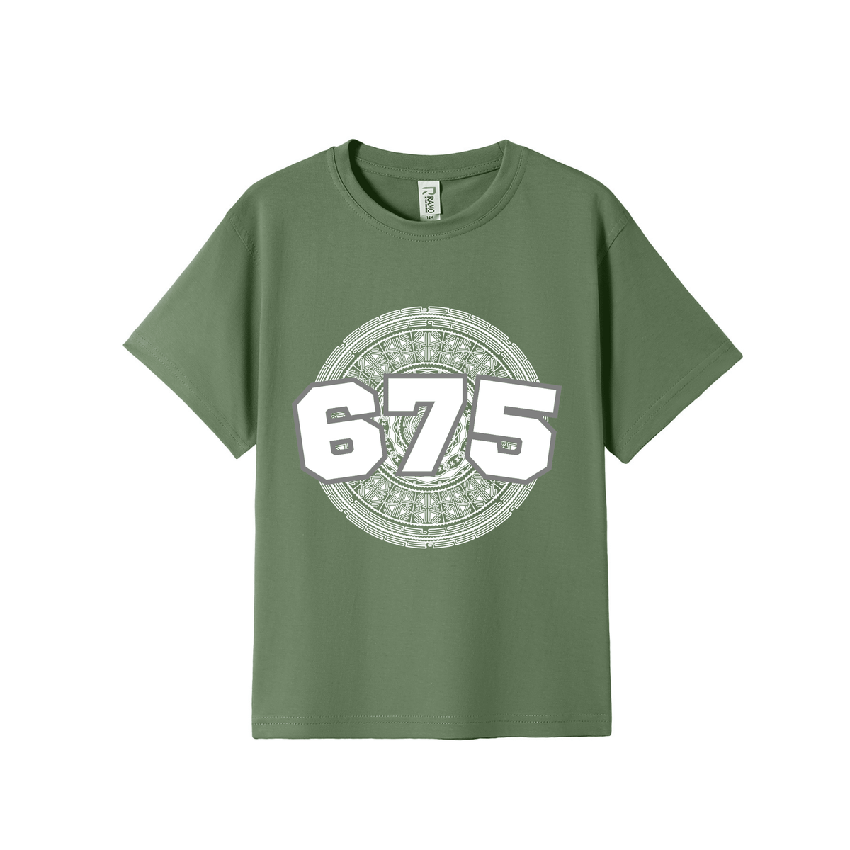 An olive green short-sleeve t-shirt with a circular graphic on the chest featuring the number '675' in white with a outline.