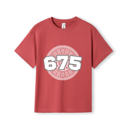 A red short-sleeve crewneck t-shirt with a large graphic on the front featuring the number '675' in white with a grey shadow