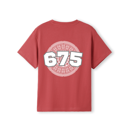 A red short-sleeve t-shirt with a large graphic on the back featuring the number '675' in white with a grey outline