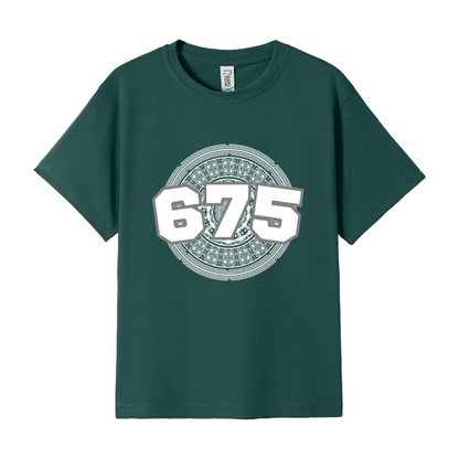 A dark green short-sleeve t-shirt with a circular graphic on the chest featuring the number 675 in white