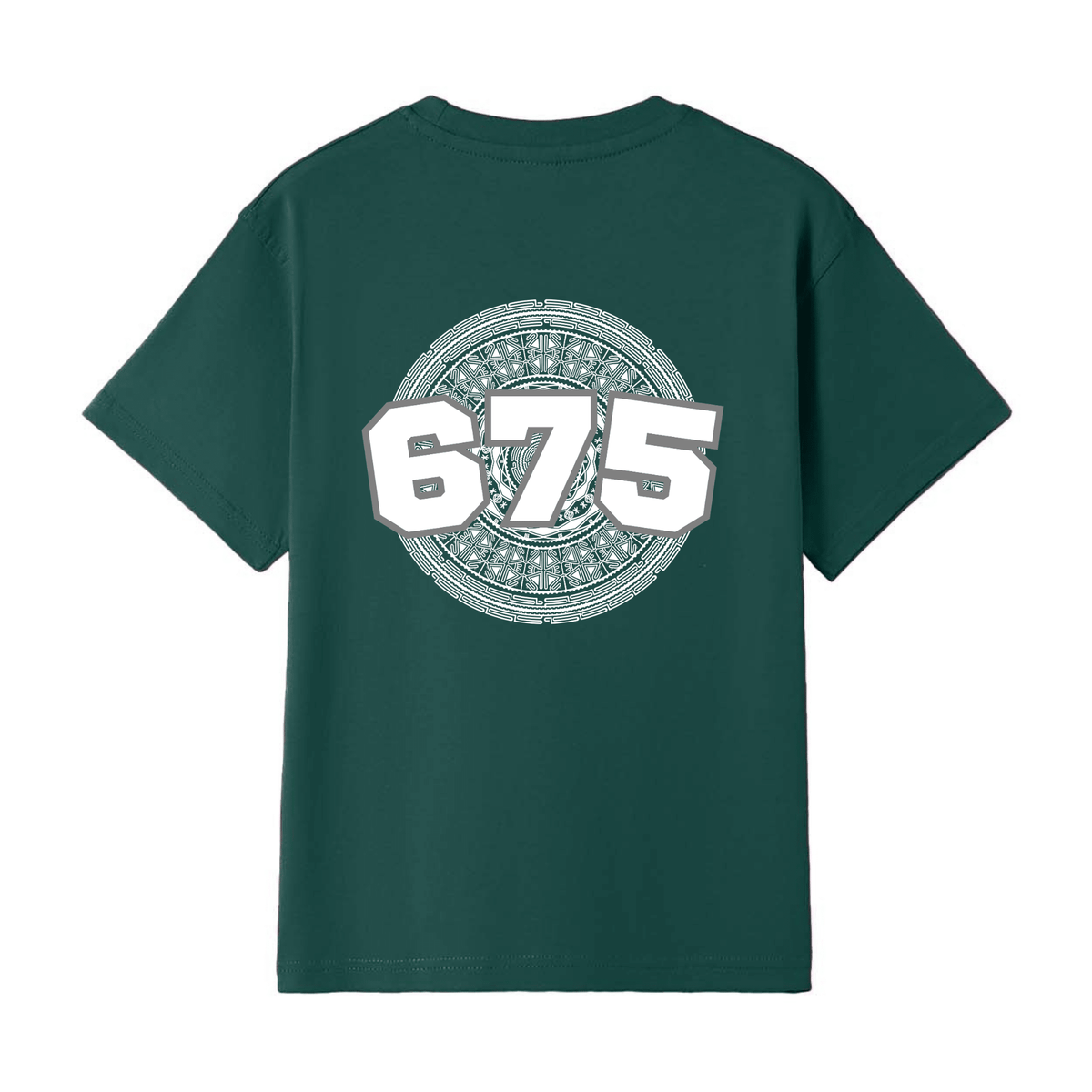 A dark green short-sleeve t-shirt shown from the back, featuring a large white graphic print of the number '675'