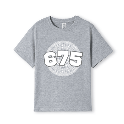 A heather grey short-sleeve crewneck t-shirt featuring a large white graphic on the front with the number '675'