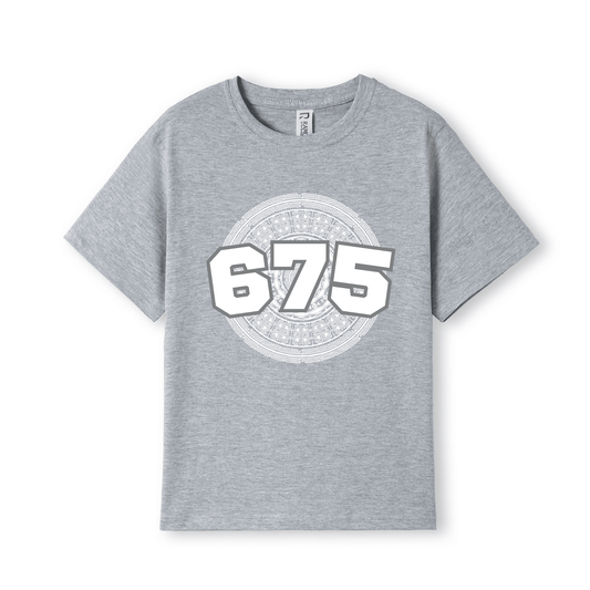 A heather grey short-sleeve crewneck t-shirt featuring a large white graphic on the front with the number '675'