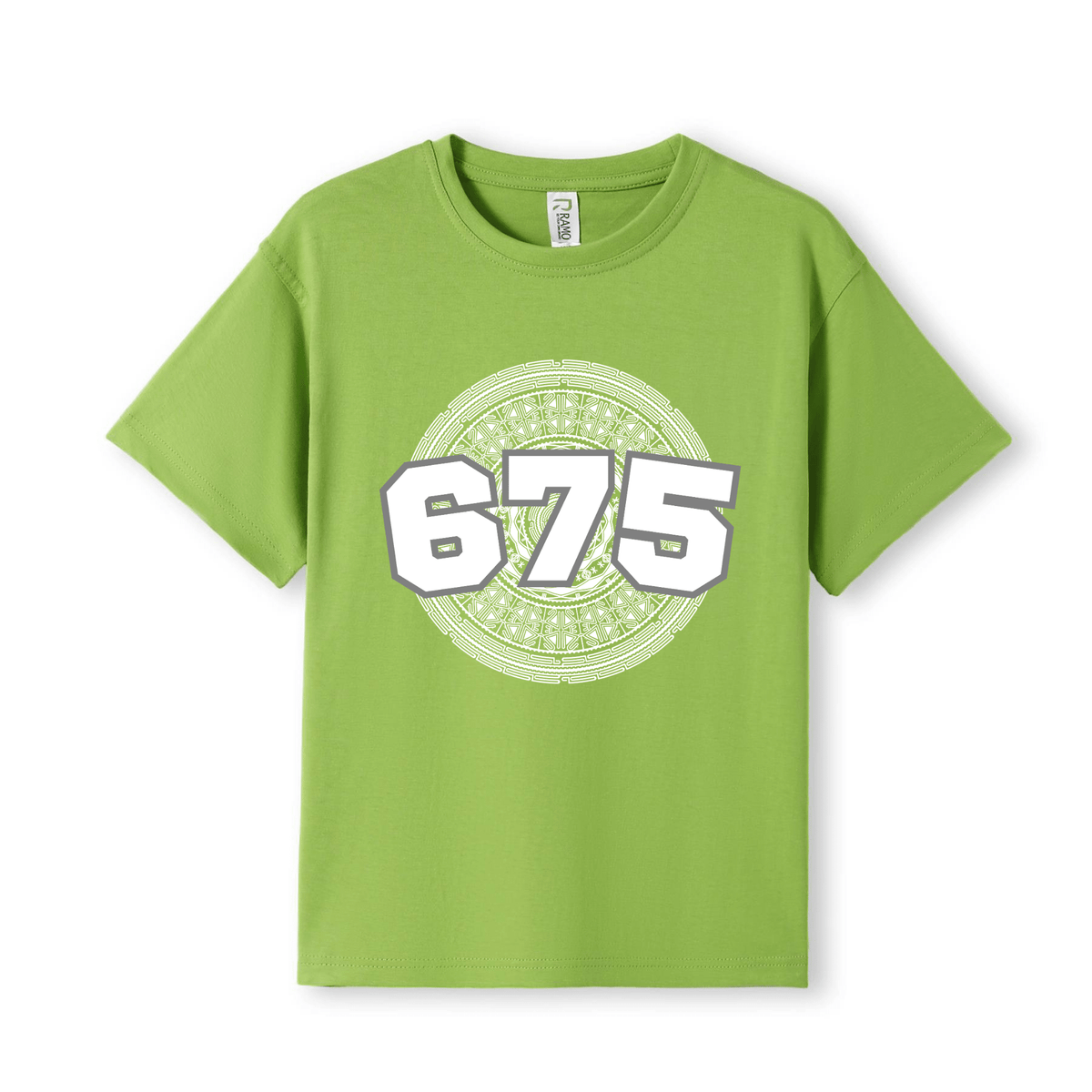 A lime green short-sleeve t-shirt with a white and light green graphic on the chest featuring the number 675