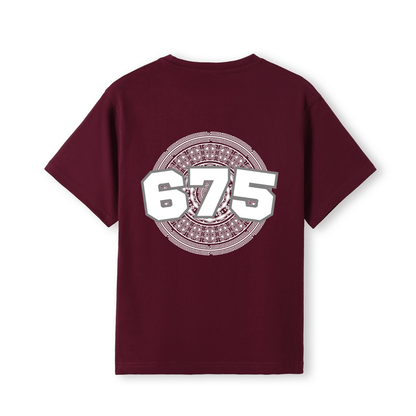 A maroon short-sleeve t-shirt with a large graphic on the back featuring the number '675' in white with a silver outline