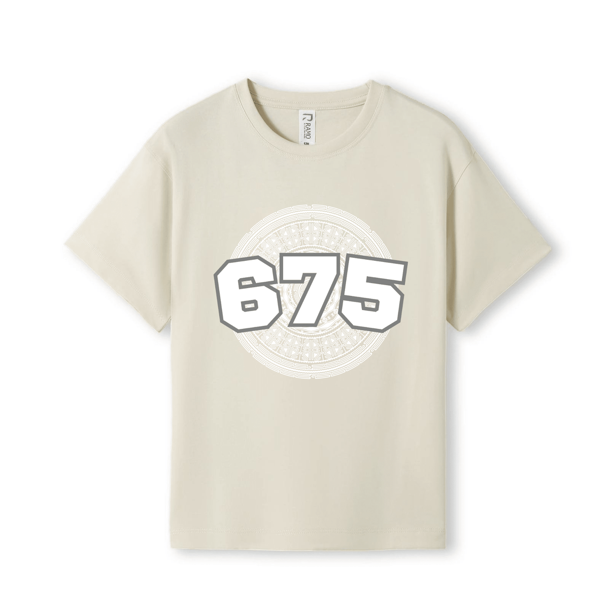 A light beige short-sleeve t-shirt with a large graphic on the chest featuring the numbers '675' in white with a grey outline
