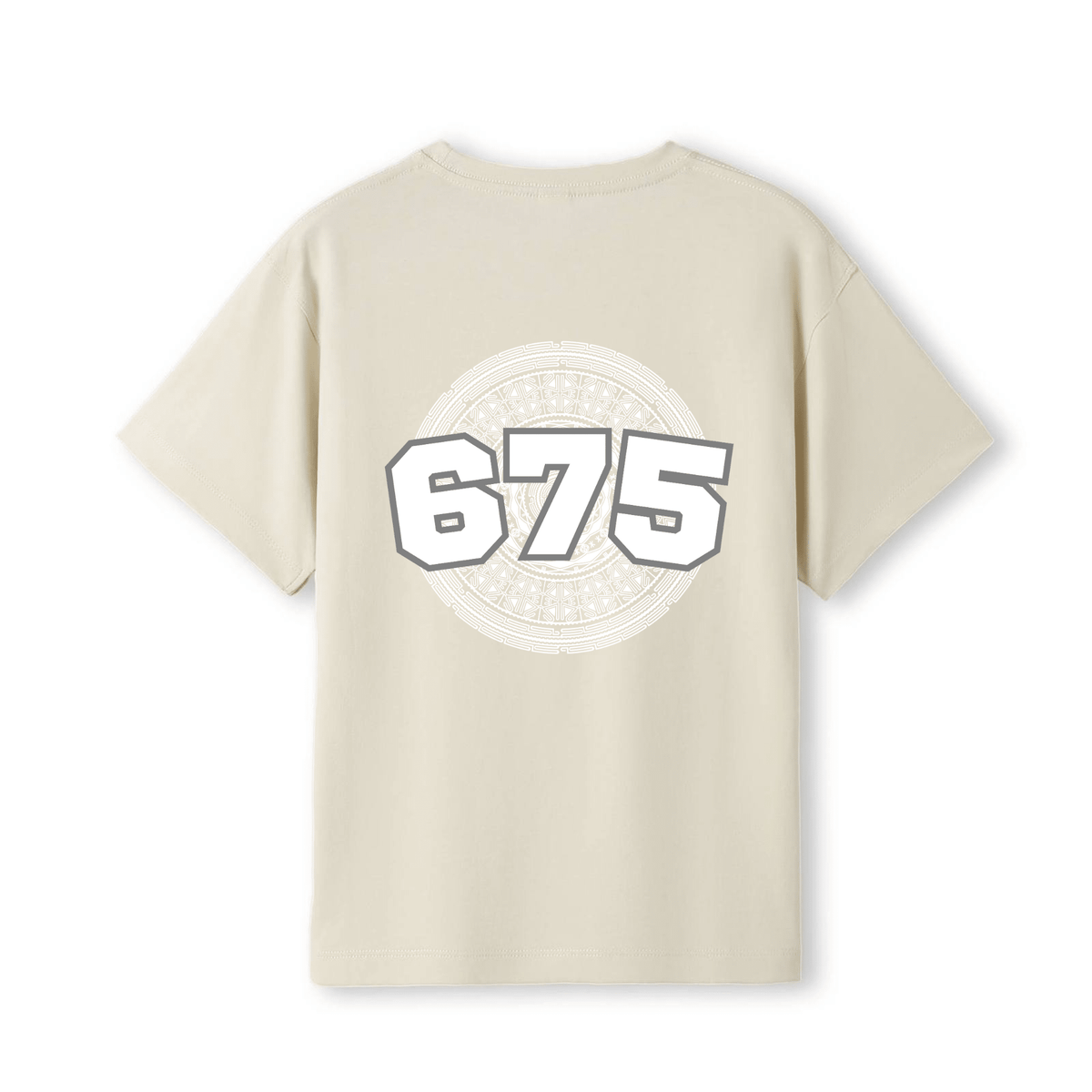A cream-colored short-sleeve t-shirt with a large graphic on the back featuring the number '675' in white with a grey outline
