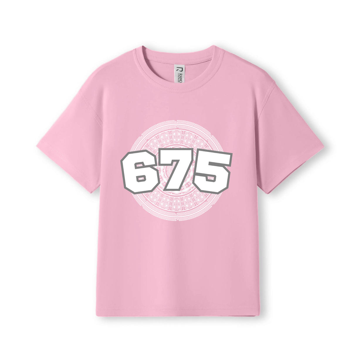 A light pink short-sleeve crewneck t-shirt featuring a large graphic on the front with the number '675' in bold white