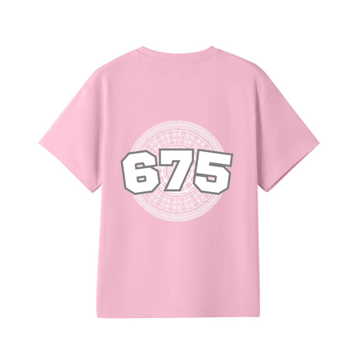 A light pink short-sleeve t-shirt with a large graphic on the back featuring the number '675' in white with a grey outline