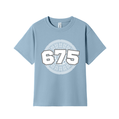 A light blue short-sleeve crewneck t-shirt featuring a large graphic on the chest with the numbers '675' in white