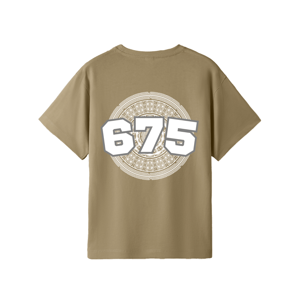 A tan short-sleeve t-shirt with a large graphic on the back featuring the number '675' in white with a grey outline