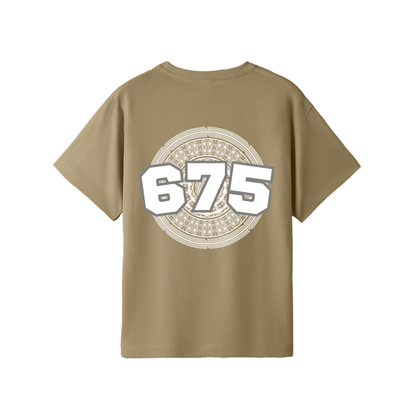 A tan short-sleeve t-shirt with a large graphic on the back featuring the number '675' in white with a grey outline