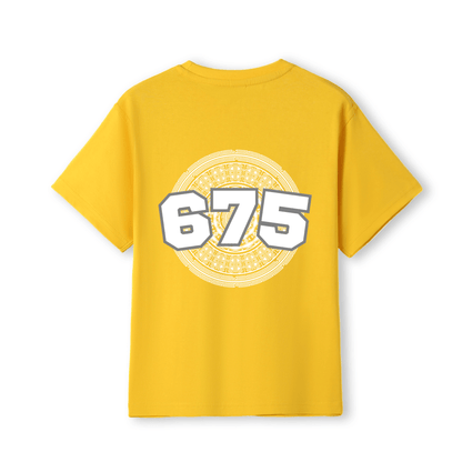 A yellow short-sleeve t-shirt shown from the back, featuring a large graphic print of the number '675' in white